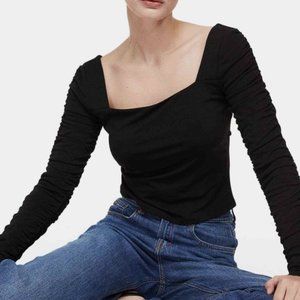 NWT H&M Square Neck Ruched Long Sleeve Top Black, XS